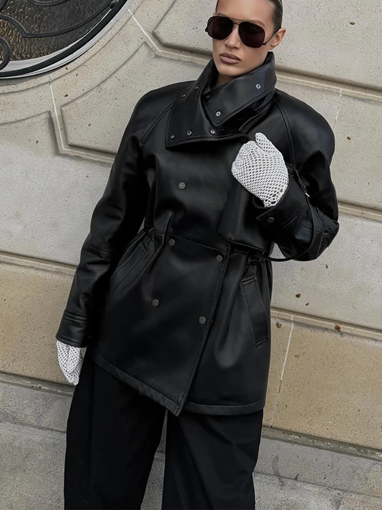 Schwarze zweireihige Lederjacke, lang, modisch, gesteppt, kurzmantel, langärmelig, PU-Leder, lässige Oberbekleidung, Straße