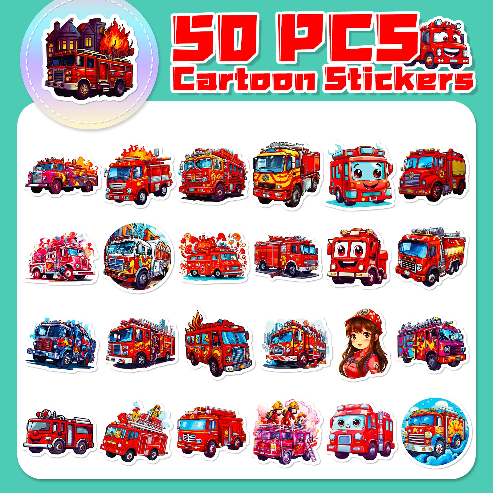 50pcs Children\'s Cartoon Fire Truck Stickers Kindergarten Early Education Skateboard Creative Waterproof Stickers