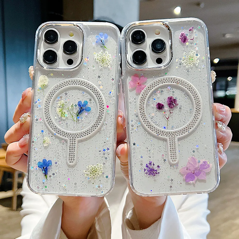 Luxo seco flor glitter estrela caso de telefone para iphone 15 14 13 12 pro max diamante para magsafe capa de carregamento magnético sem fio