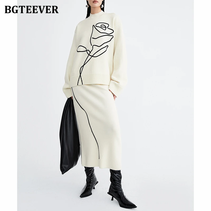 BGTEEVER Autumn Winter Women Knitted Outfits O-neck Printed Sweaters Female Knitting Skirts Warm Sweater Set