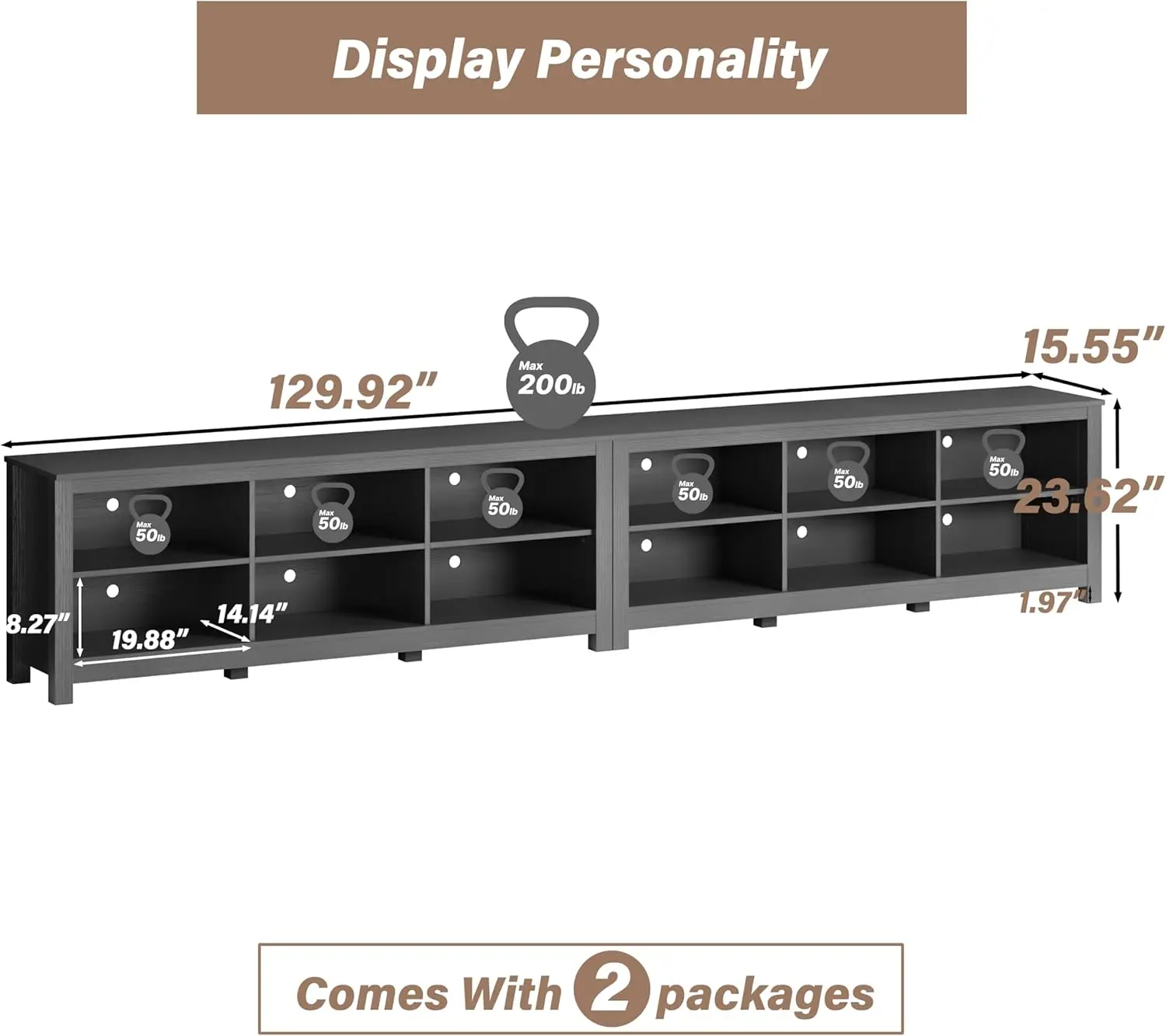 Suporte de TV para TV de 110 polegadas, centro de entretenimento preto para mesa de console de TV de mais de 90 polegadas com armazenamento de 12 cubículos, televisão clássica