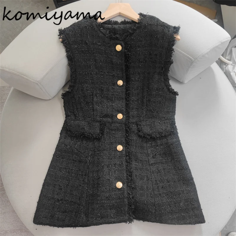 Komiyama Small Fragrance Tweed Tank Top Sleeveless Jackets O Neck Y2k Clothes Spring Single Breasted Vest Women Black Tanks