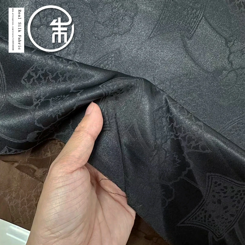 

High Quality Black Flower Jacquard Xiangyun Yarn Fabric Cheongsam Clothing Real Silk Designer Silk 30Momme Cloth