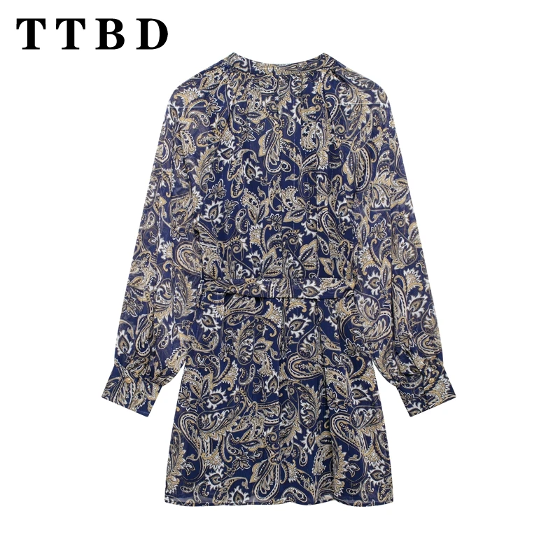 TTBD 2024 New Autumn Woman's Vintage V-Collar belt Dress Female Casual Ruffles Long Sleeve Print Dresses Blouses Top