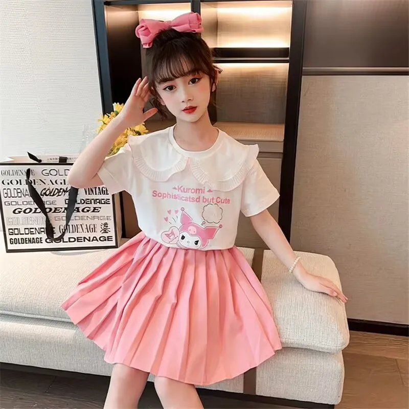 Kuromi Anime Kawaii Girls' Dress Kuromi Sanrios Y2K New Summer Doll Collar Short-Sleeve Pleated Skirt Sweet Youngsters Skirt