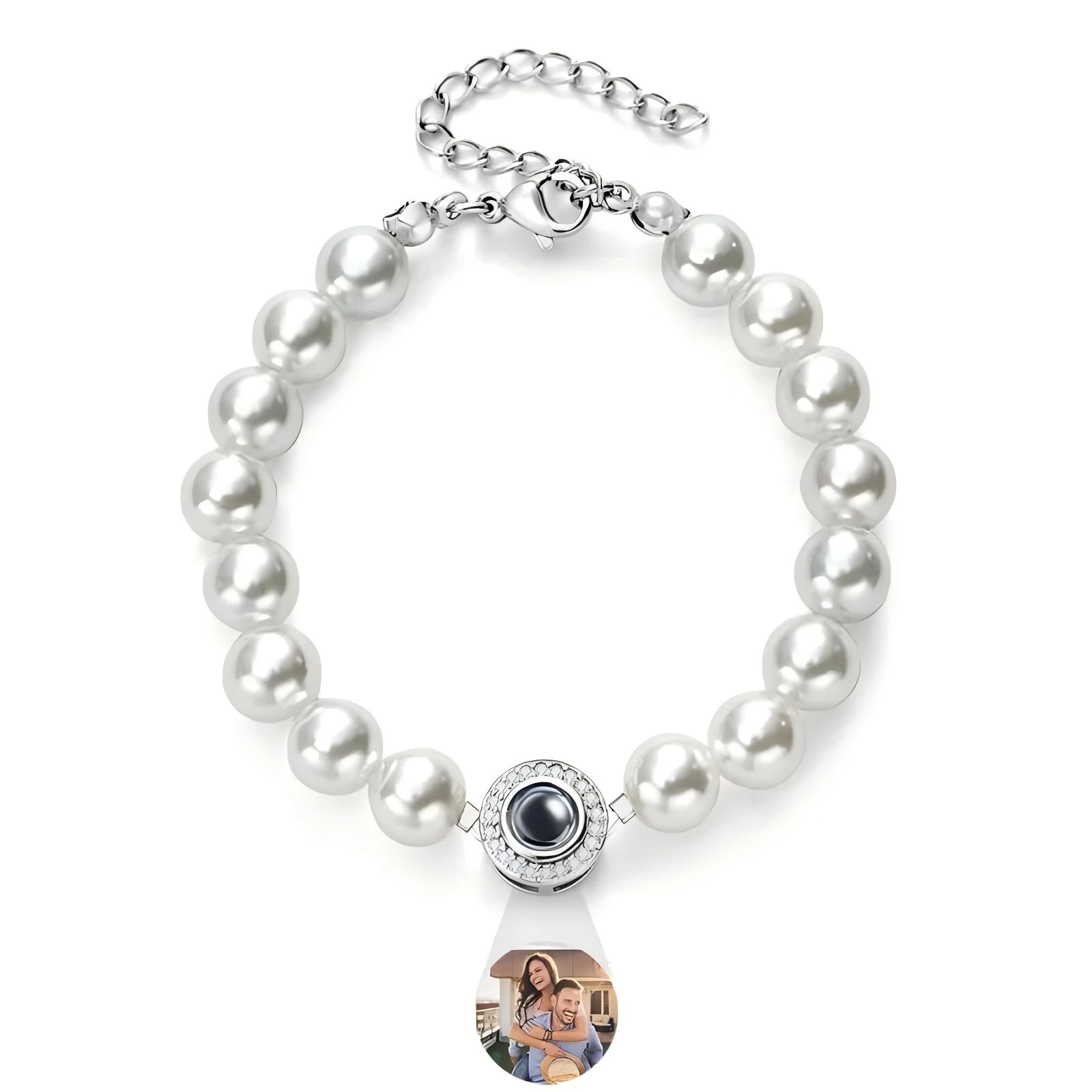 Photo Projection Pearl Chain Bracelet Circular Pendant 18K Gold Plated Coper Custom Picture Jewelry Gift for Her Mother‘s Day
