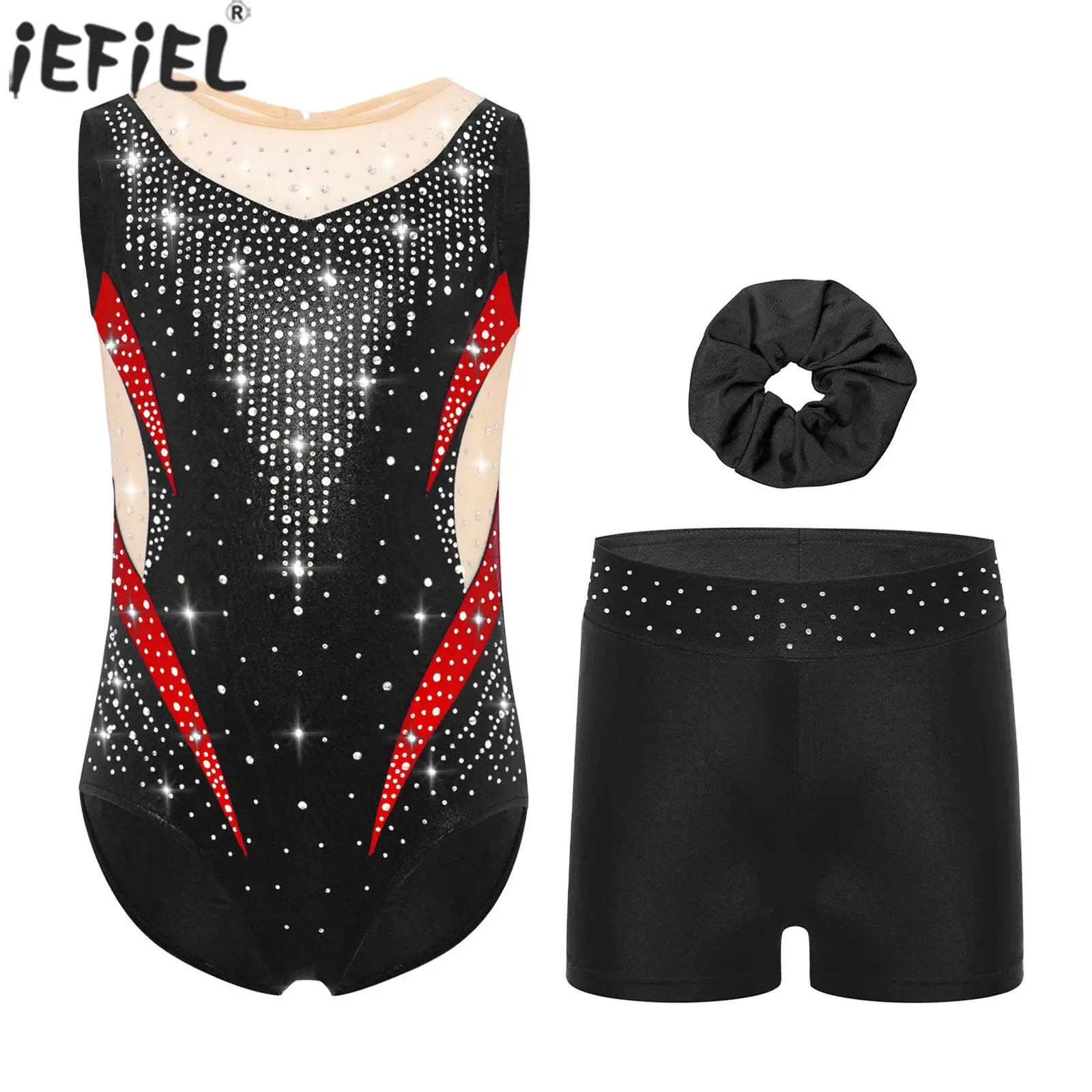 

Girls Gymnastics Leotard Shiny Rhinestones Ballet Dance Jersey Unitard with Shorts for Figure Skating Acrobatic Workout Yoga