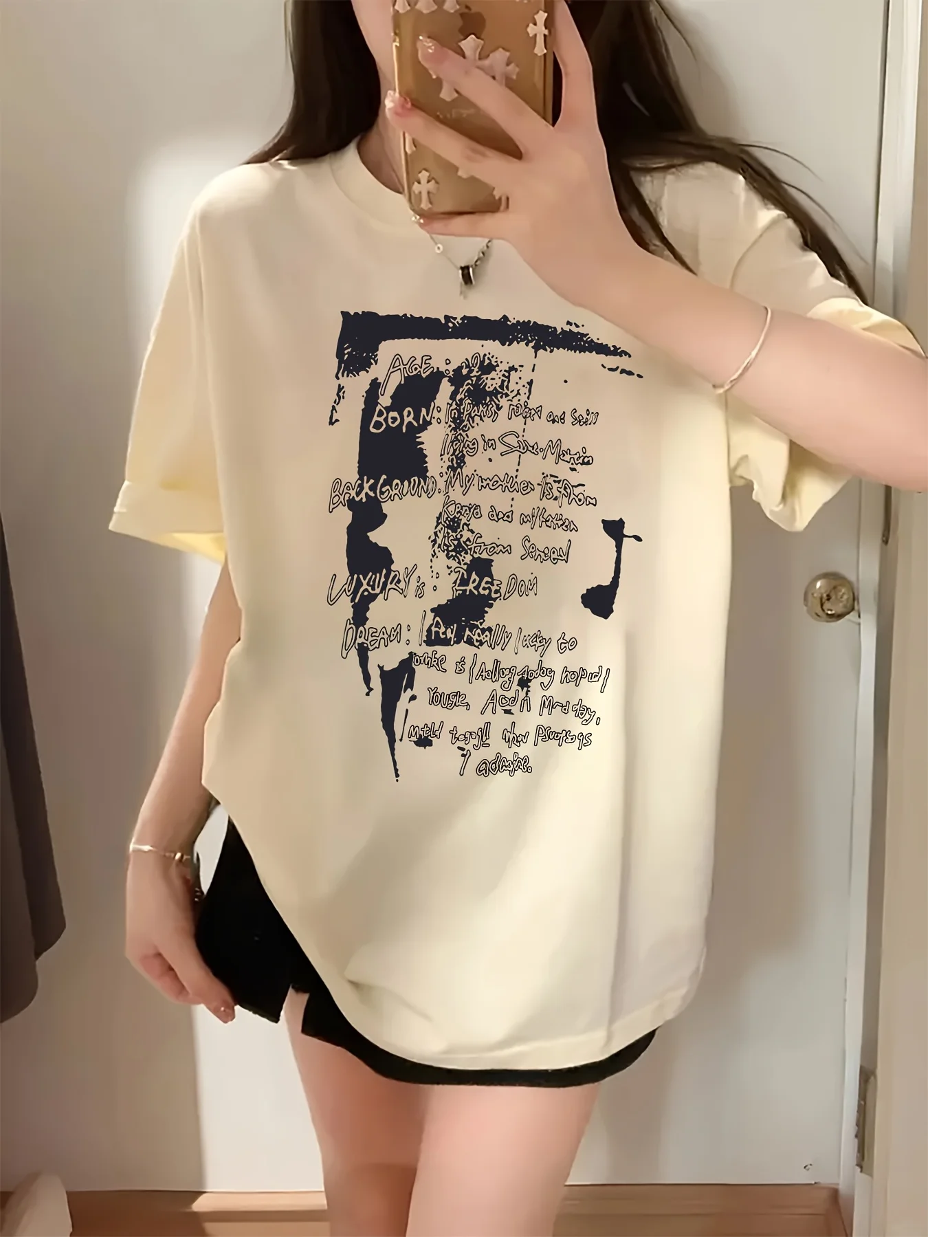 Women Short Sleeve T Shirt Grunge Handwritten Scribble Text Graphic Crew Neck Tees Soft Tops For Women Daily Street Wear