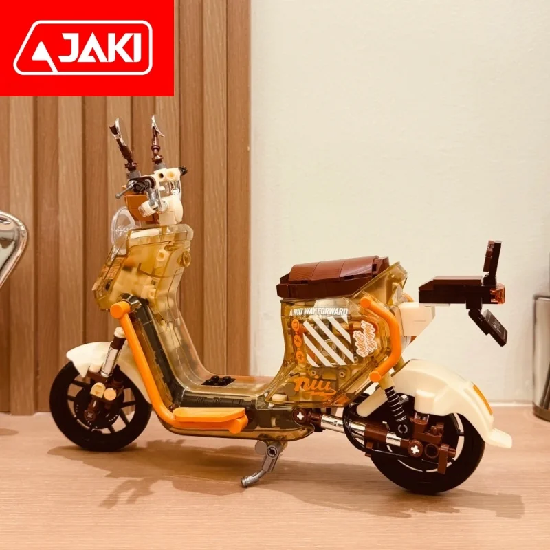 Bloques de construcción JAKI genuinos, modelos de motocicletas con luces, juguetes para bicicletas eléctricas, adornos de moda, regalos de Año Nuevo para niñas