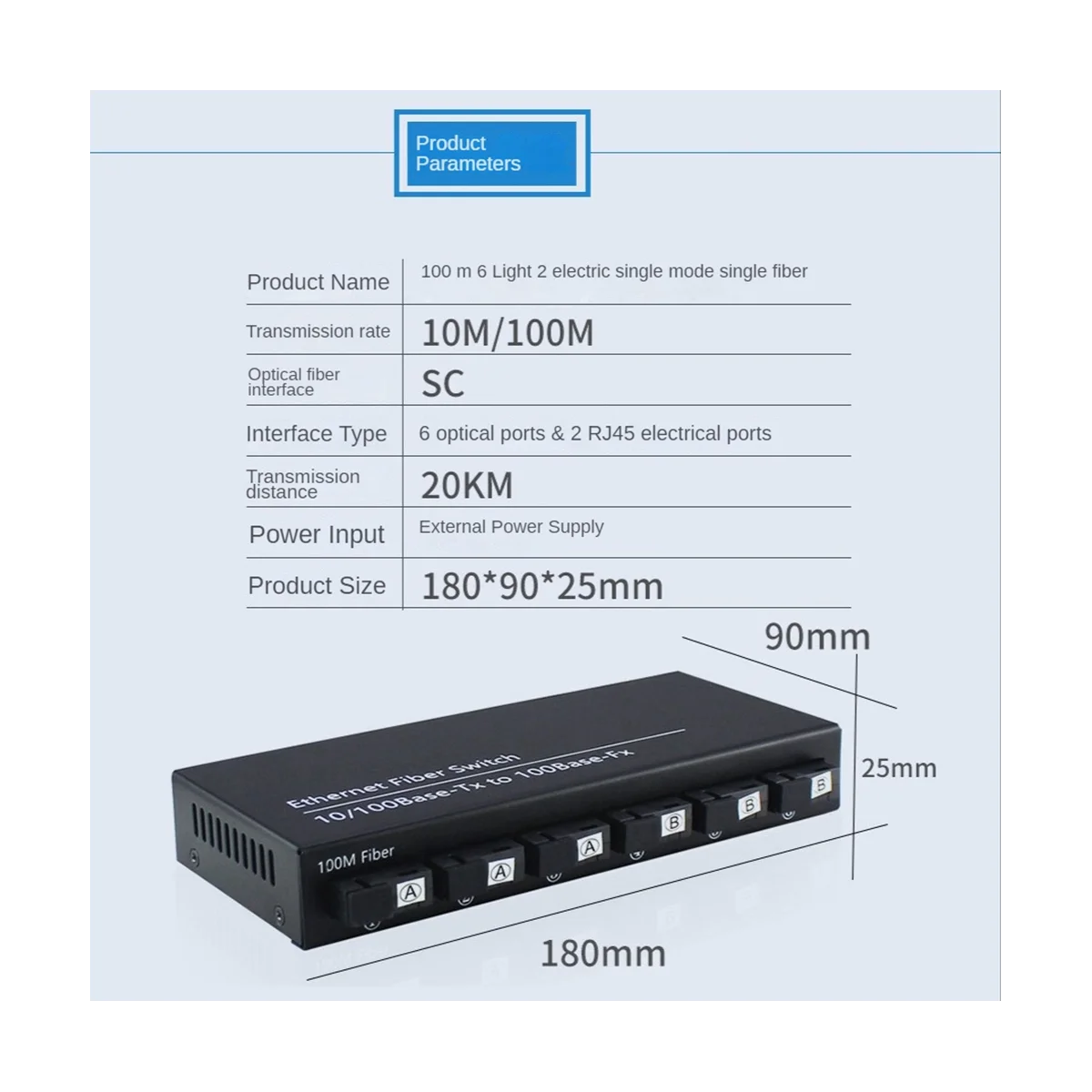 6Port 10/100M Ethernet Switch 6 Fiber Port 25KM 2UTP RJ45 Fiber Optical Transceiver Optical Media Converter US Plug