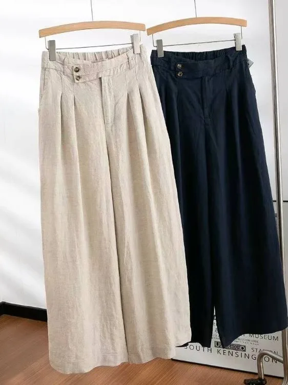 

Льняные широкие брюки, женские летние новые повседневные модные брюки в стиле ретро, ленивые дышащие прямые брюки с высокой талией