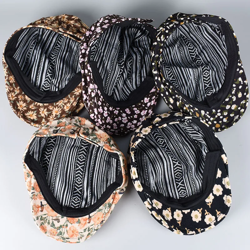 Retro Beret Women Autumn Vintage Floral Print Korea Cap Peaky Blinders Hats Peaked Cap Women American Flat Hats Newsboy Cap - view 6