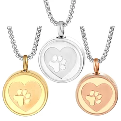 Stainless Steel Pet Paw Print Heart Cremation Urn Necklace Hold Dog/Cat Ashes Storage Casket Spiral Open Locket Keepsake Jewelry