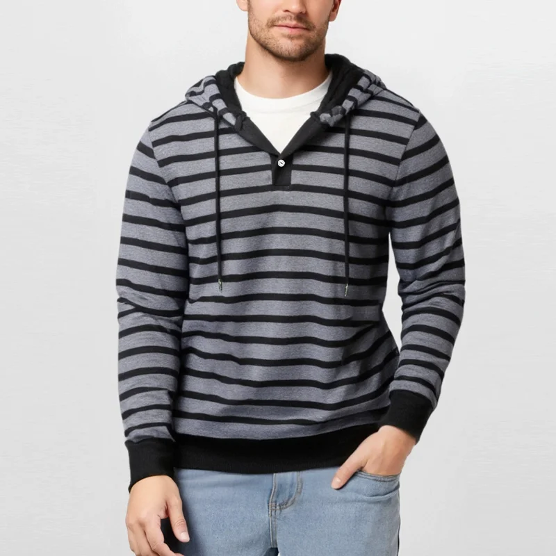 2025 New Vintage Men's Striped Hooded Sweatshirts Fashion Pull On Casual Hoodie Male Long Sleeve Streetwear Hooded Sweatshirt