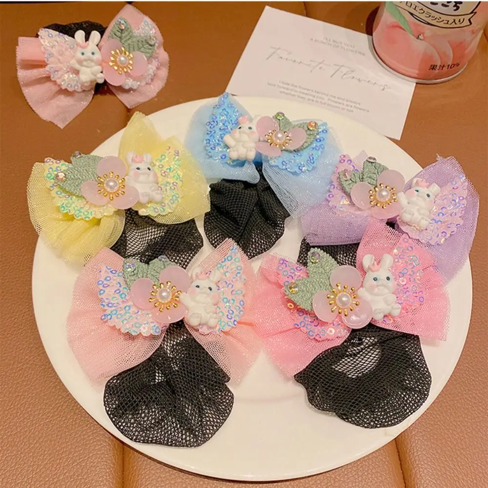 Elegant Princess Snood Spring Clip Rabbit Colorful Bow Hair Nets Mesh Invisible Sequin Hair Nets Dance