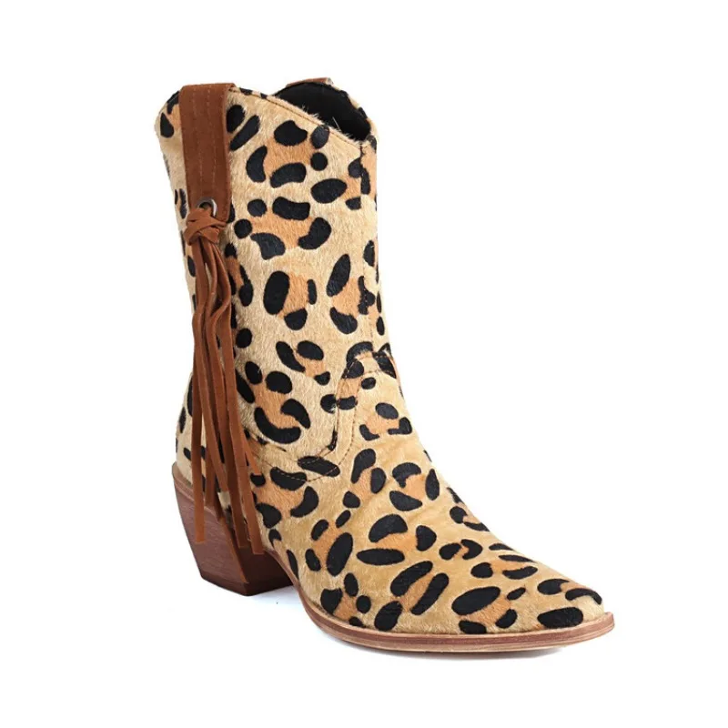 Leopard Print Imitation Horse Hair Mixed Color Short Boots Women's Tassel Short Plush Knight Ankle Boots 6cm Low Heels Shoes 43