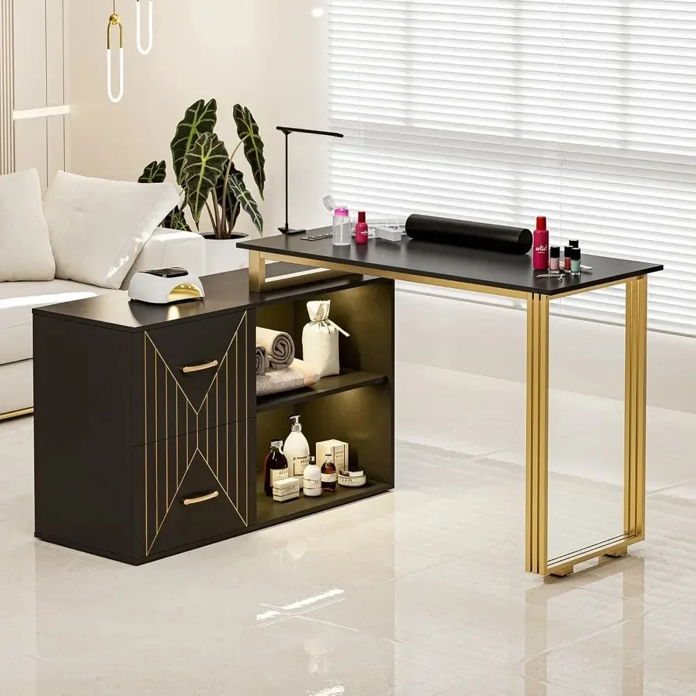 Nail Tech için Manikür Masası, Bilek Yastıklı, 2 Çekmeceli ve 2 Raflı Köşe Tırnak Masası, 16 Renkli LED Işıklı