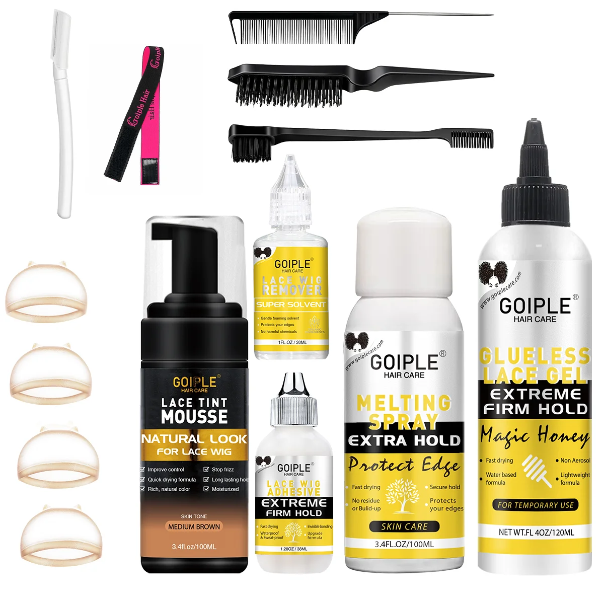 

GOIPLE Wig Install Kit extra Hold Long Lasting Wig Glue Temorary Lace Wig Gel Waterproof Melting Spray Lace Tint Mousse for Wigs