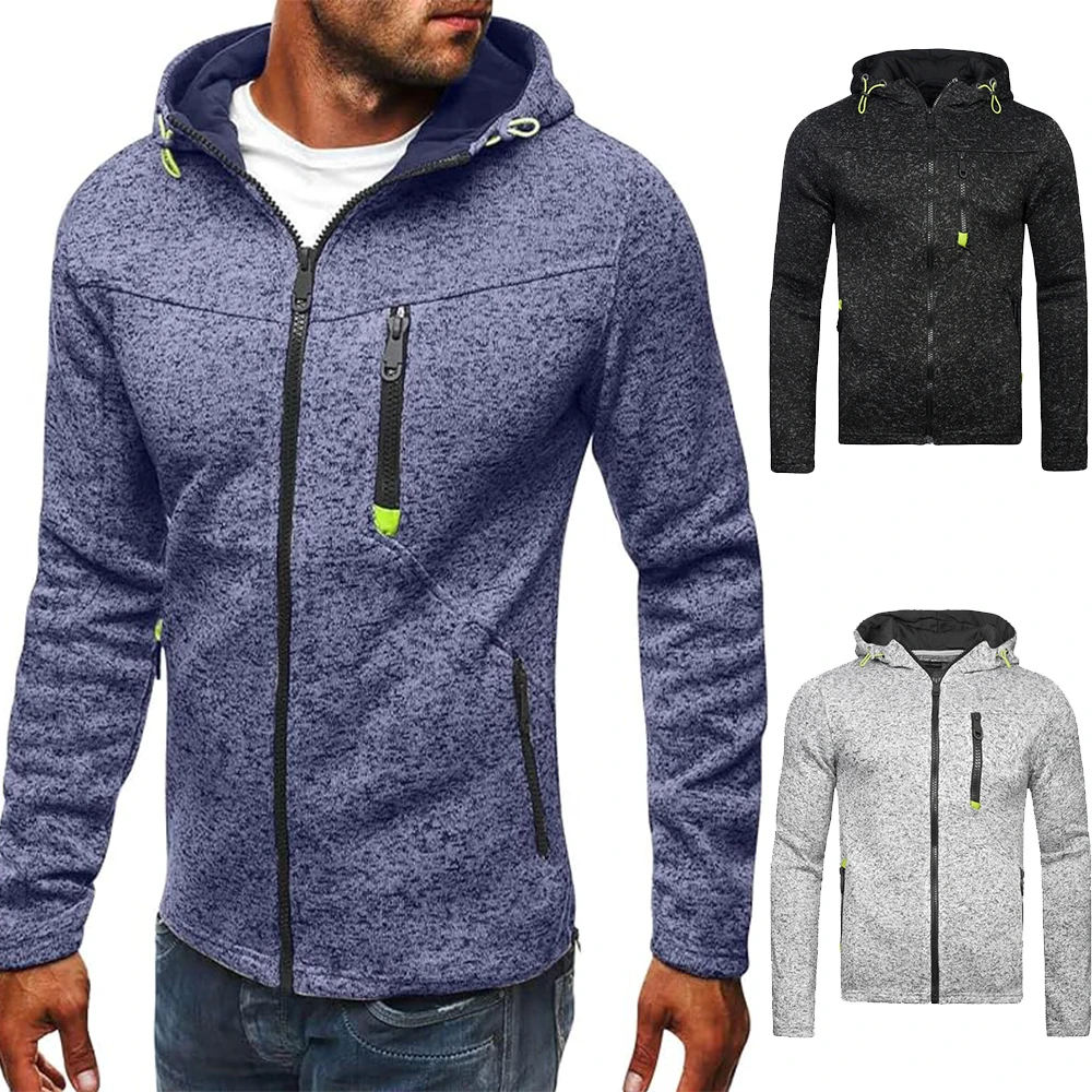 Men's Hoodie with Side Zipper Pockets Thin Wool Solid Color Casual Outdoor Hooded Tracksuit Long Sleeves Slim Hooded Jacket