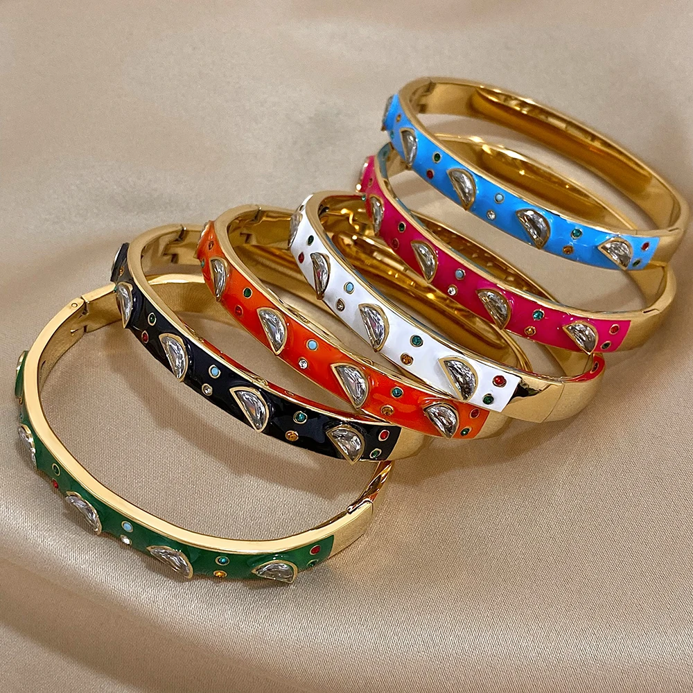 Unique Design Geometric Zircon Colorful Enamel Stainless Steel Cuff Bangles Bracelets for Women Charm Gold Plated Jewelry Gifts