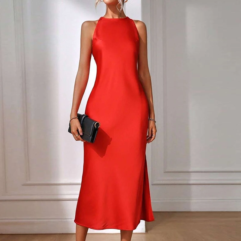 Elegant Sleeveless Satin Dress Women Fashion O Neck Side Slit Long Dresses For Women Summer Party Silk Dress