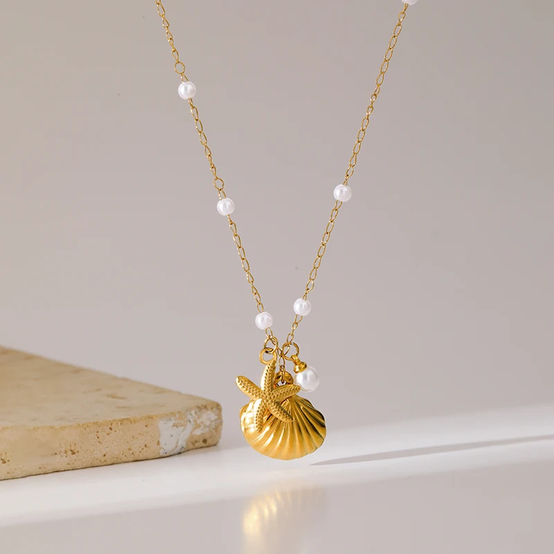 EILIECK 316L Edelstahl Goldfarben Seestern Muschel Perlen Halskette Ohrringe Set für Damen Trendiger Wasserdichter Schmuck Damengeschenk – Detail 12
