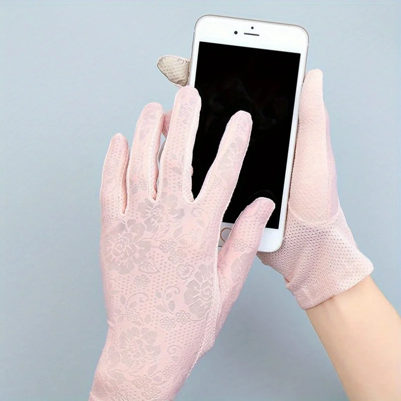 1Pair Women Summer Sun Protection Lacework Outdoor Ice Silk Breathable Finger Driving Gloves Non slip Touch Screen Ladies Gloves