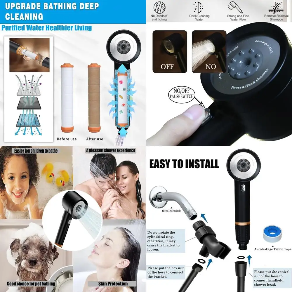 

Black High-Pressure Shower Head with Handheld, Filtered Water-Saving Pause Switch, Includes Hose, Bracket, and Cotton Filter for