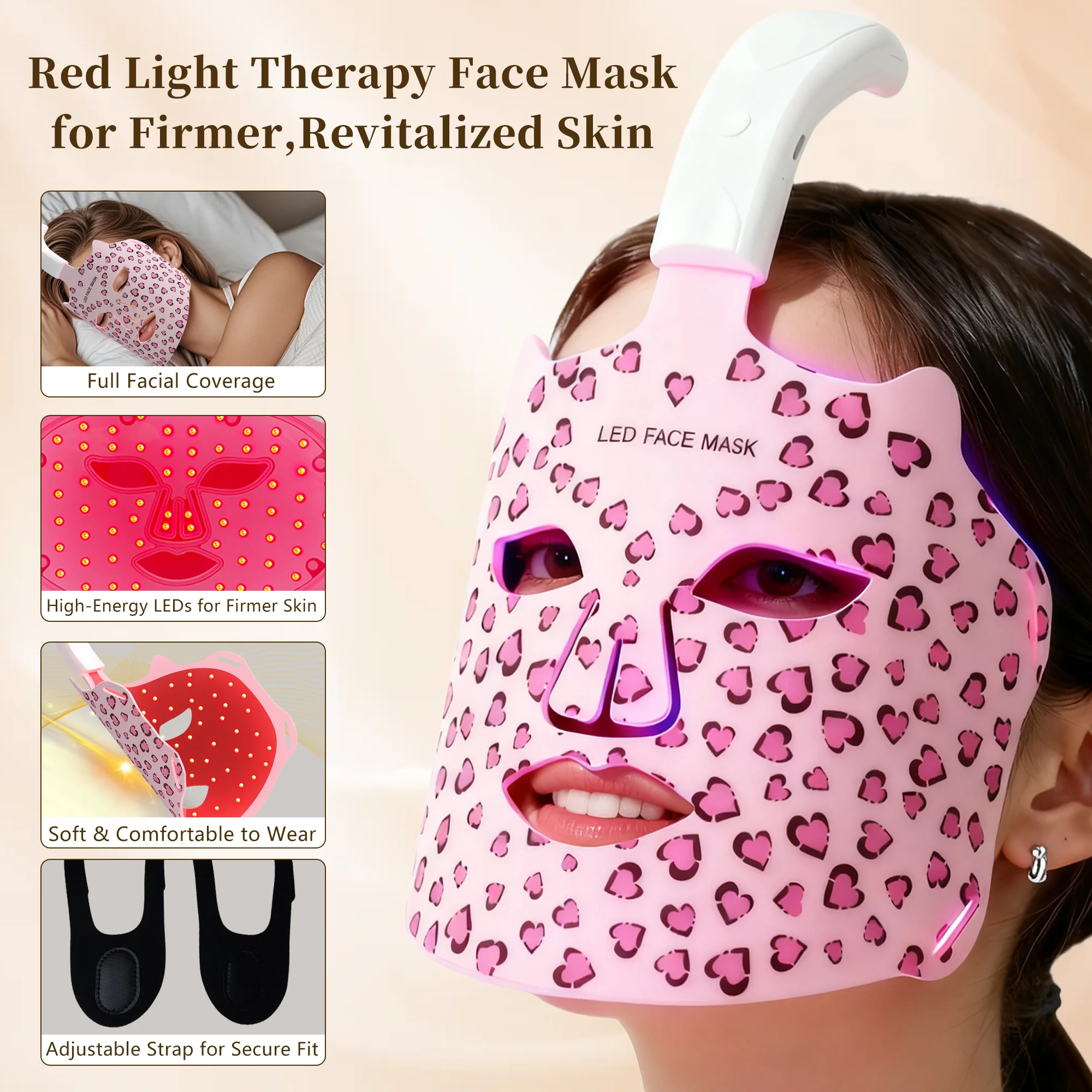 猫耳 LED 光療法マスク 5050 ビーズ 3 モード (赤/紫/オレンジ+赤外線) 10 分自動オフ タイプ C 充電器