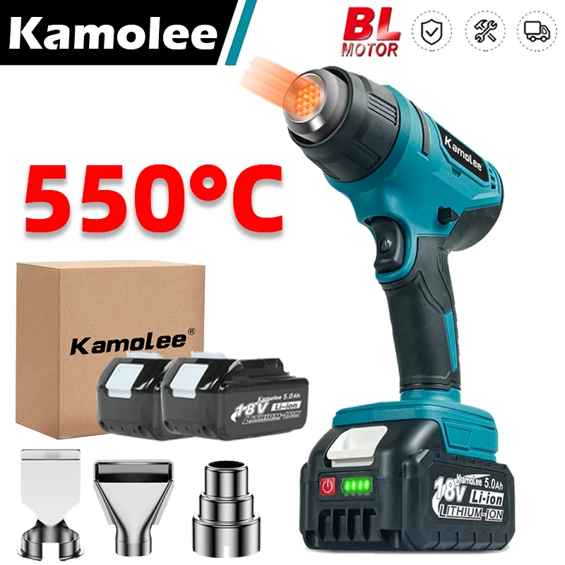 Kamolee 2000W Electric Heat Gun for Makita 18V Battery Cordless Handheld Hot Air Gun with 3 Nozzles Industrial Home Hair DryerKa