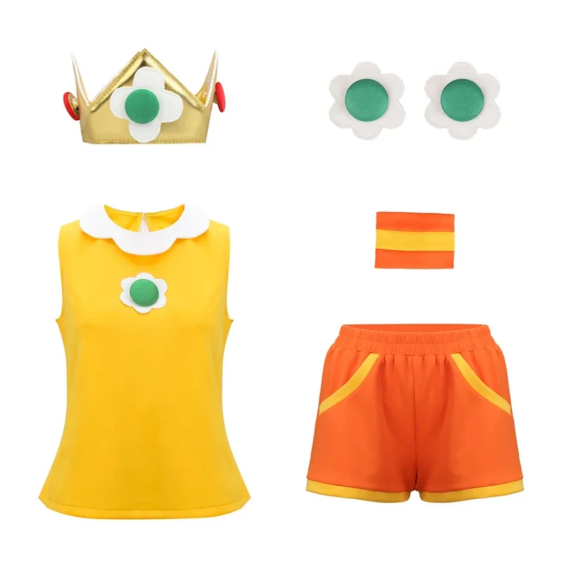 

25COSPrincess Game Daisy Cotume Yellow Tennis Outfit Top Shorts Ear Clips Wristband Clown Halloween Cosplay Costume