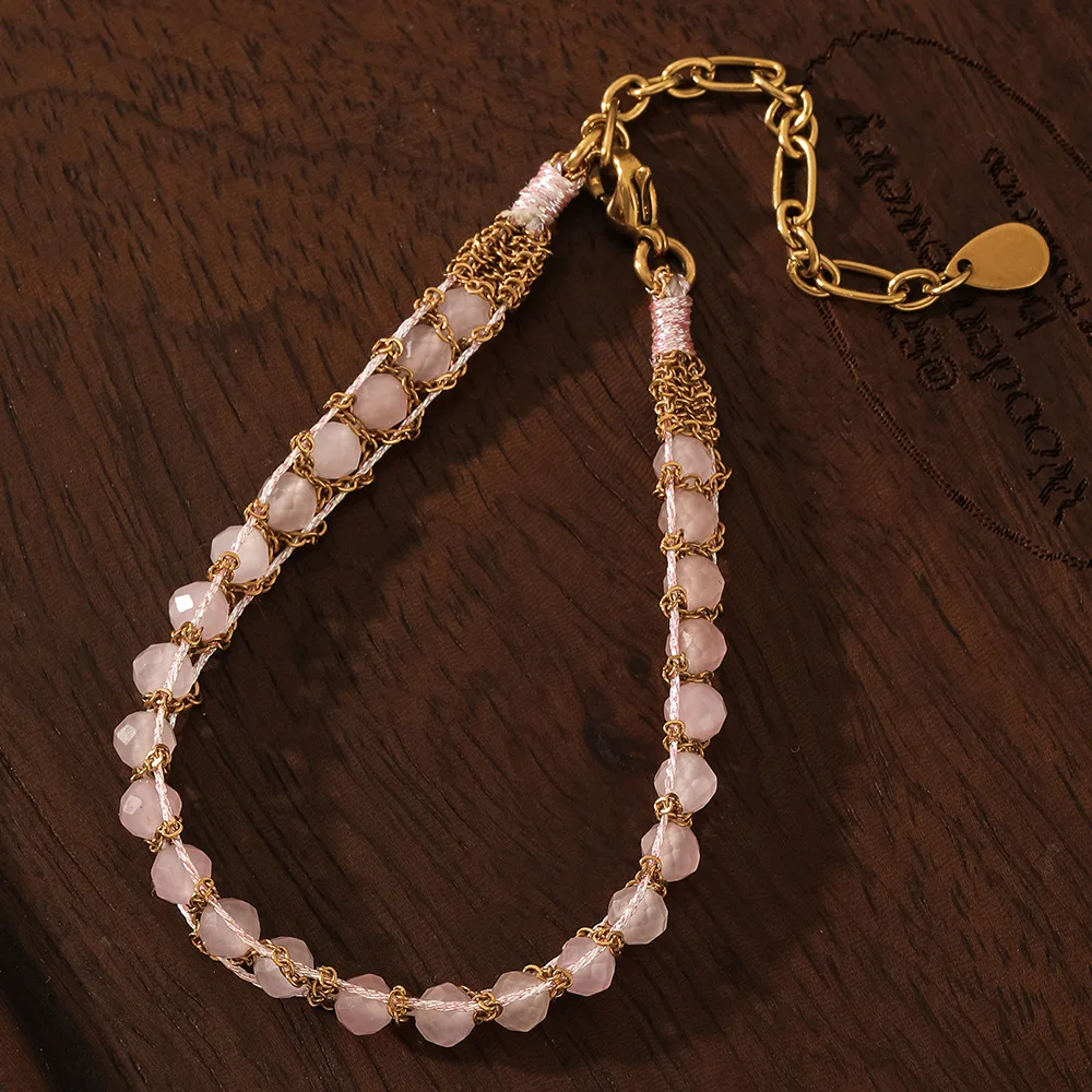 Retro French-style girlish powder crystal handcrafted bracelet - a rare, luxurious, and high-end accessory for layering.