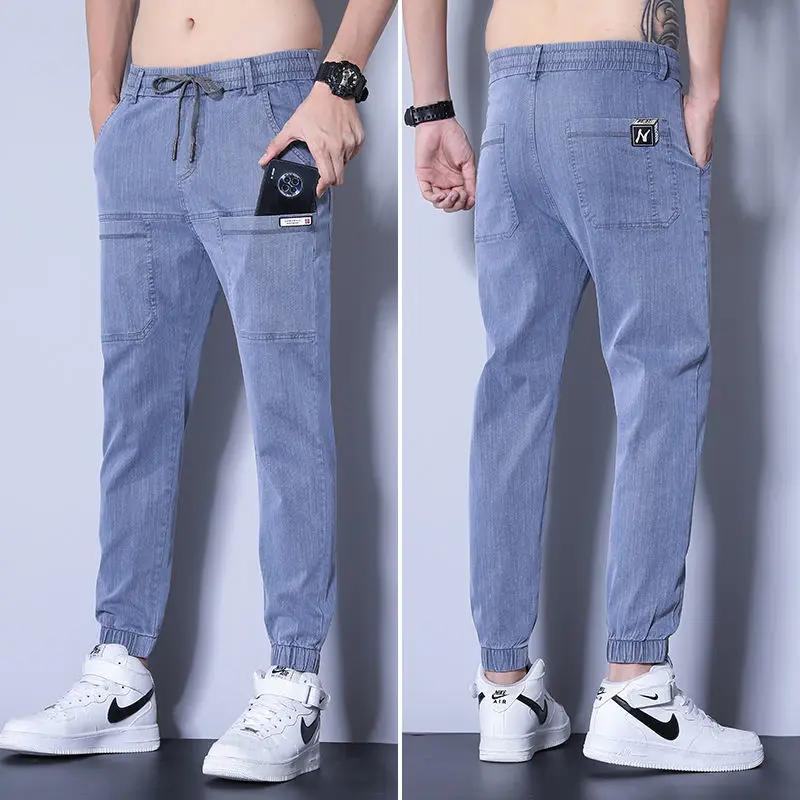

Fashion Spring and Autumn Denim Men's Multi-Pocket Tights Elastic Jeans Men's Wide Elastic Waist Casual Youth Tooling Pants