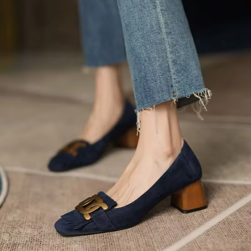 

Fashion Retro Women Shoes Spring Summer French Retro Metal Buckle Single Shoes Thick Heel Women Shoes All-match High Heels