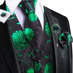 Novelty Green Black Mens Silk Vests Floral Jacquard Waistcoat Tie Hanky Cufflinks Brooch for Men Wedding Formal Business Hi-Tie