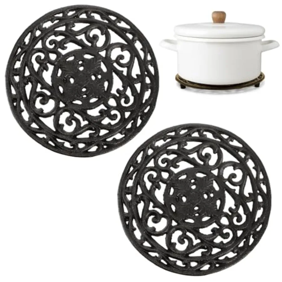 

2 Pack Cast Iron Trivet 8 Inch Round Metal Trivets with Rubber Feet Caps Rustproof Heat Resistant Hot Pot Plate Stand Holder Ma