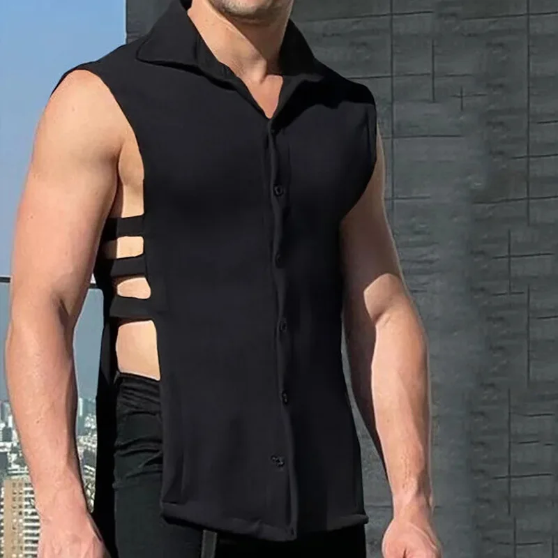 Men’s Black Sleeveless Polo Shirt Side Cut Out Design Gym Vest for Men Muscle Fit Gym Workout Training Streetwear