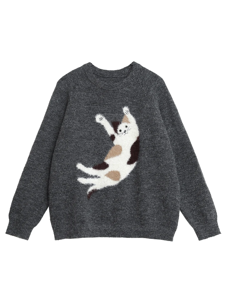 Women’s Loose Fit Cartoon Cat Sweater - Cozy Autumn Knit