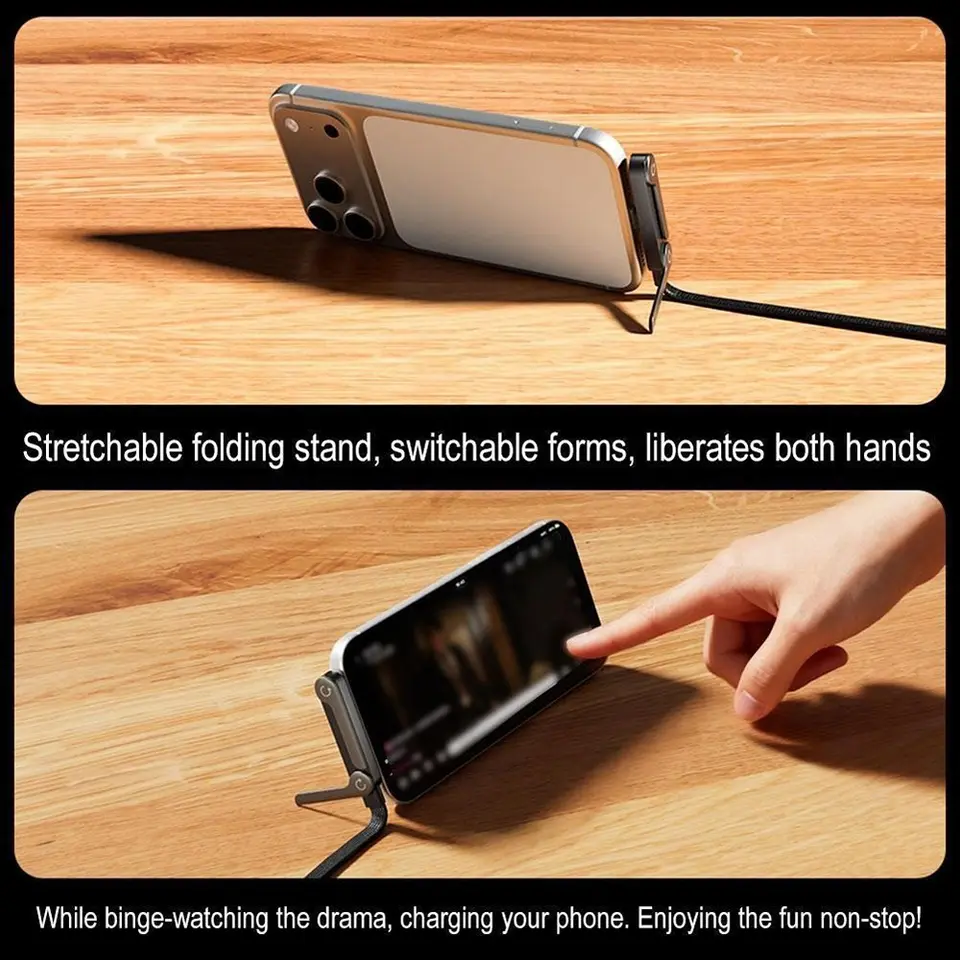 كابل 2 في 1 PD USB C بقوة 240 واط مع حامل هاتف قابل للطي والدوران 90 درجة كوع مخصص للألعاب كابل مضفر بسرعة 480 ميجابت/ثانية شحن سريع ونقل بيانات - 6