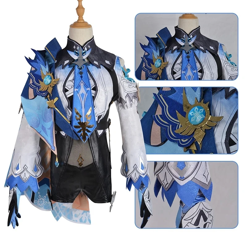 Eula Lawrence Genshin Impact Cosplay Costume, perruque, uniforme, vague, fleur, chevalier, drôle, bijoux, Halloween, carnaval