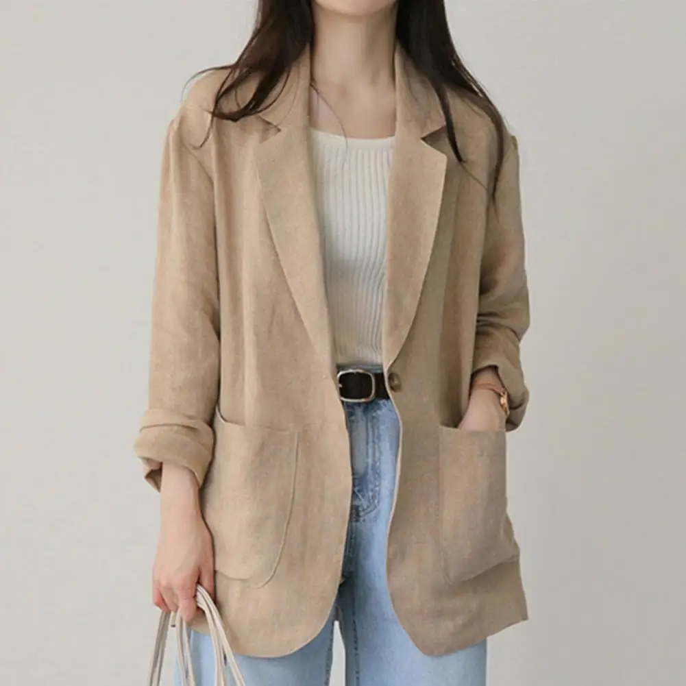 Korean Style Women Lapel Long Sleeve Suit Coat Pockets Design Single Button Solid Color Loose Fit Thin Blazer Jackets Workwear