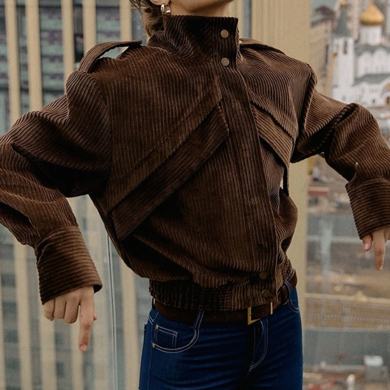 

Jacket for Women Brown Stand Collar Long Sleeve Patchwork Single Breasted Fashion Casual Corduroy Jacket Female 2025 Streetwear