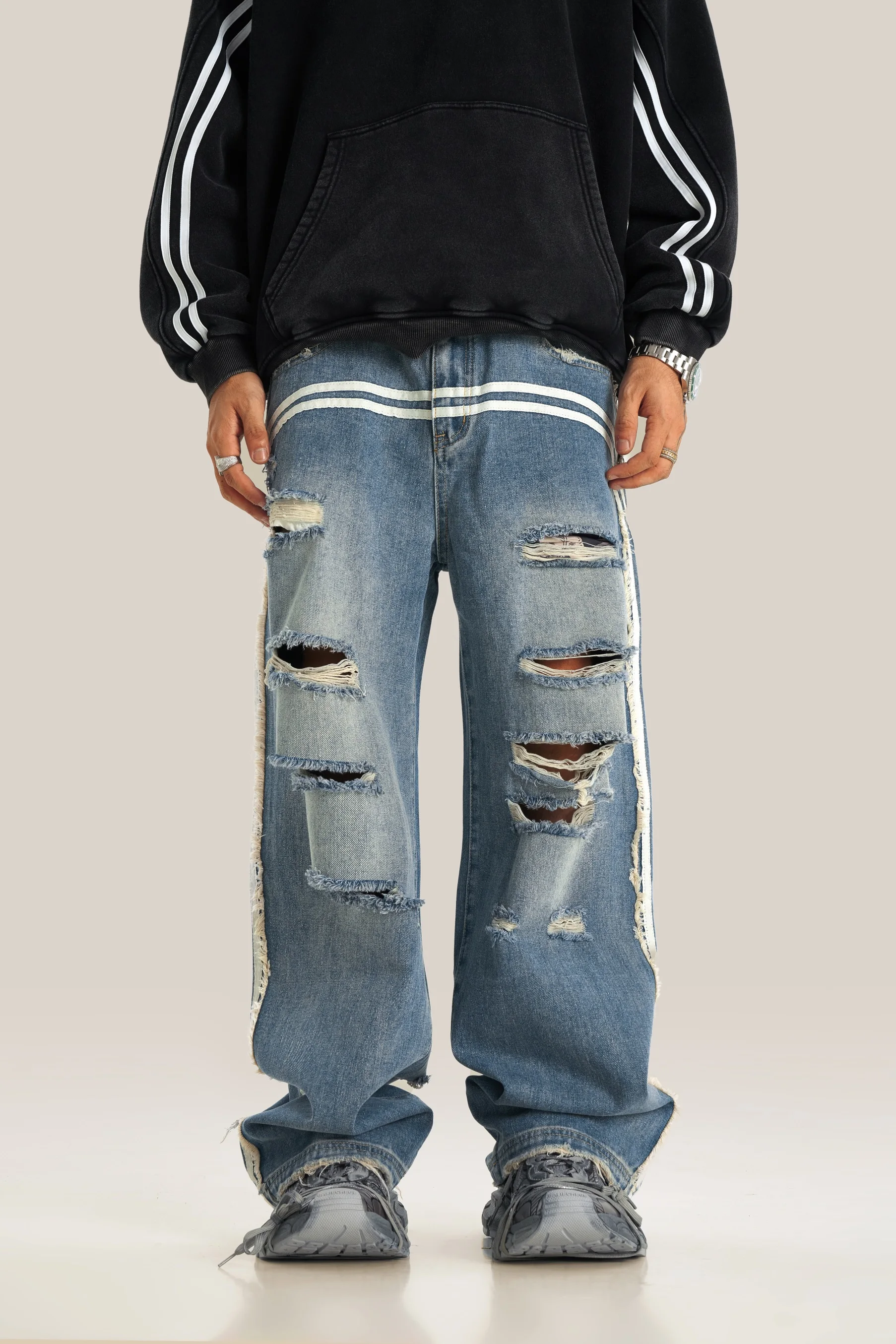 

Amirise 405G Stripes Ripped Jeans Men Designer Clothes 2000s Y2K Style 2025 New Cargo Pants Straight Leg Streetwear Baggy Jeans