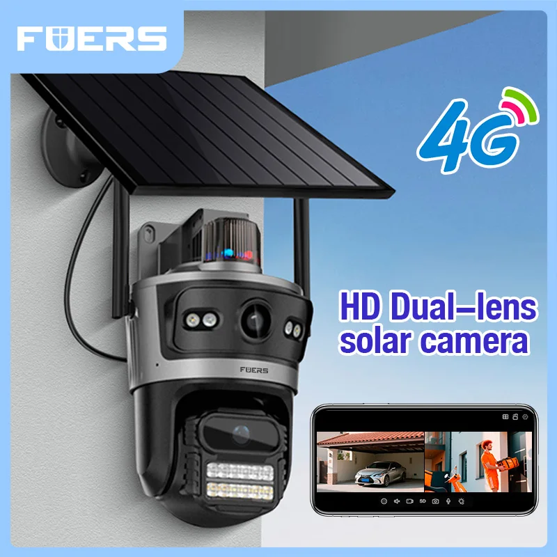 FUERS 4G Solar Camera AOV 24 Hours Record Three Screen Outdoor 10X Zoom Cam Auto Track 9W Solar Panel 15600mAh Built-in Battery