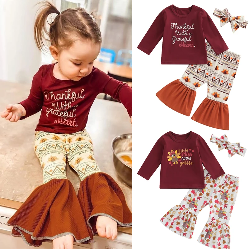 2022-08-09 Lioraitiin Infant Girls Thanksgiving Day Layette Turkey and Letters Printing Pullover, Bell Bottom Trousers Headdress