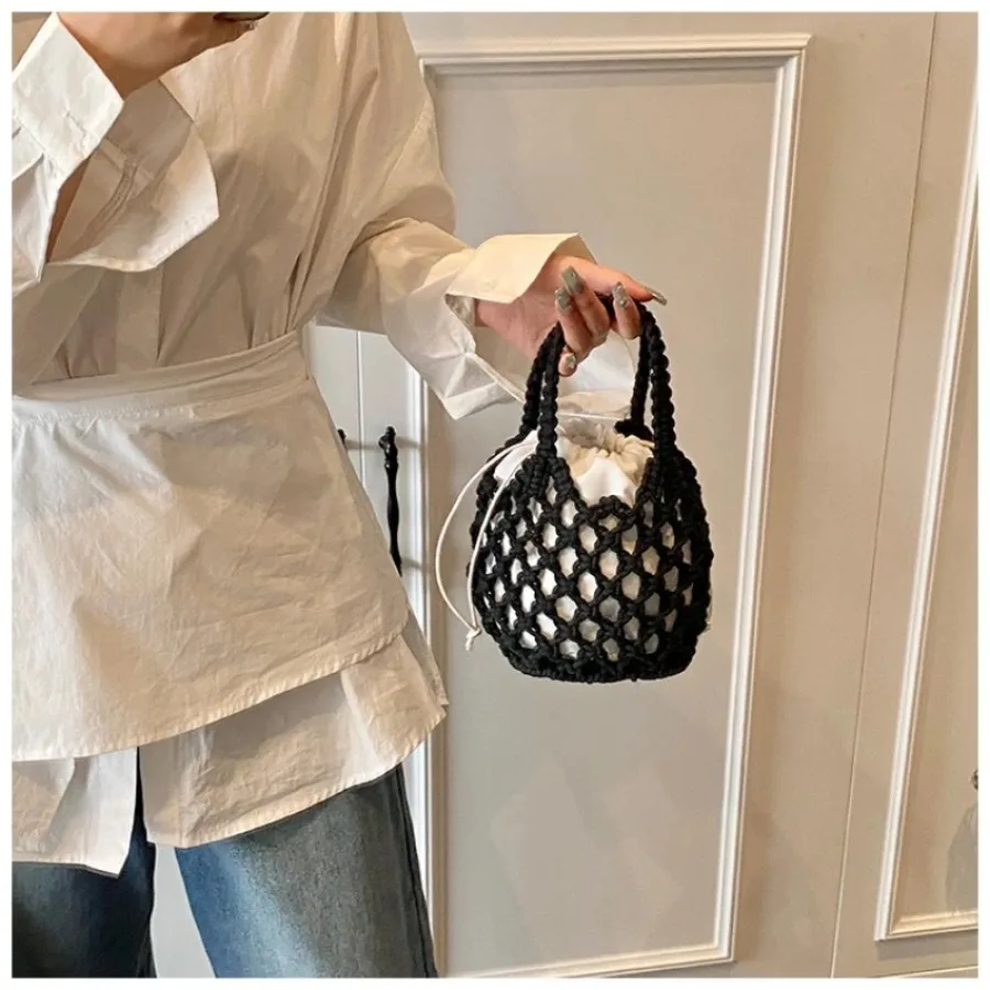 

New fashion hollowed out woven bucket bag mini handbag knitted cotton and fishing net shoulder slanting across women's bag