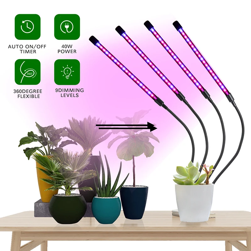 1/2/3/4 Head LED Plant Grow Light With Clip-on Plant Light 3 Light Color Switching USB Timable Dimming Full Spectrum Grow Lamp