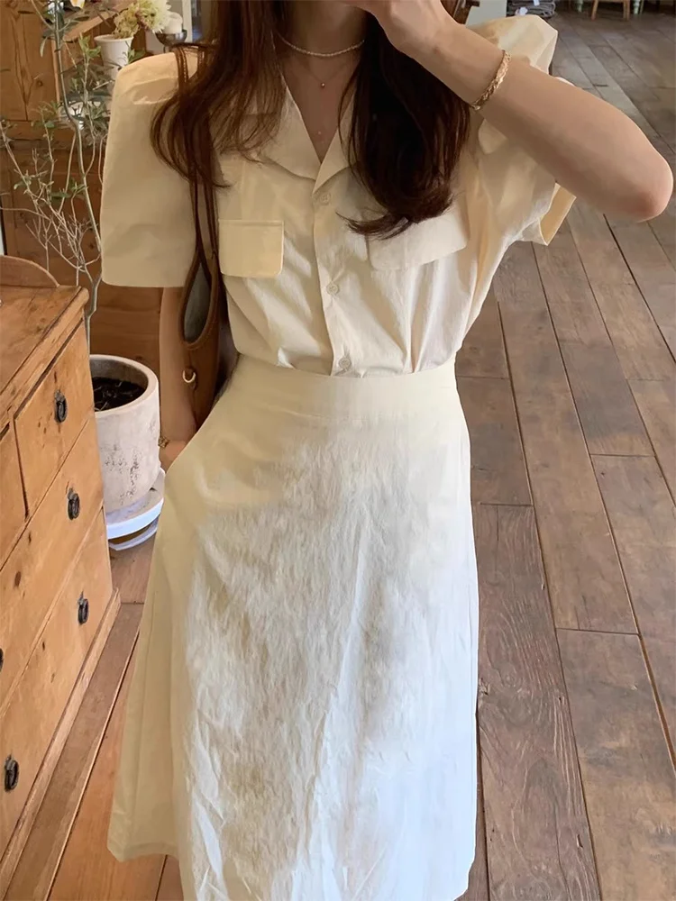 Liangliang retro terno colarinho plissado ort sve irt feminino verão nova faion cintura alta conjunto de saia evasê