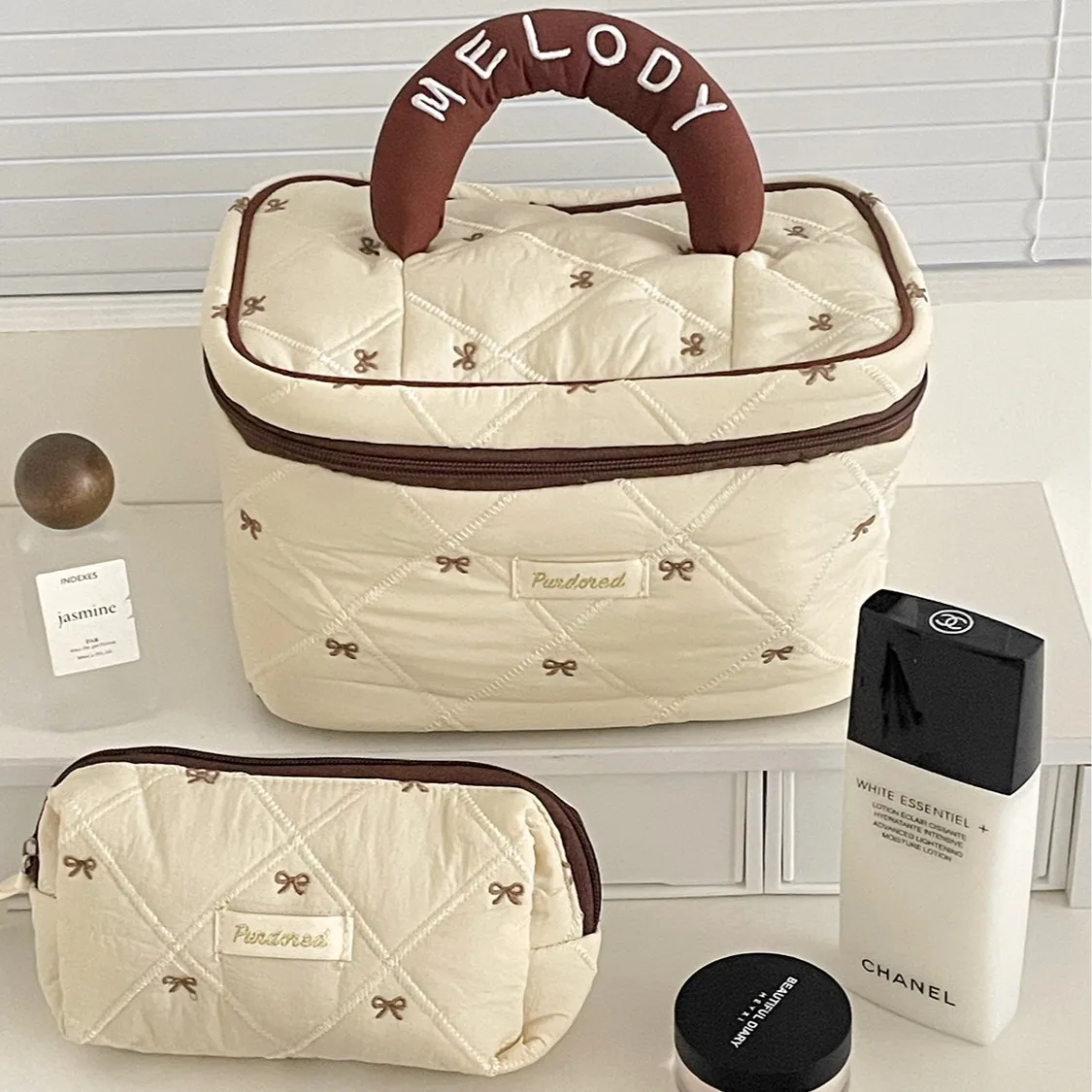 

Косметичка Coffee Bow, легкая дорожная сумка для туалетных принадлежностей из хлопковой ткани с цветовыми блоками, большой вместимости, портативная.