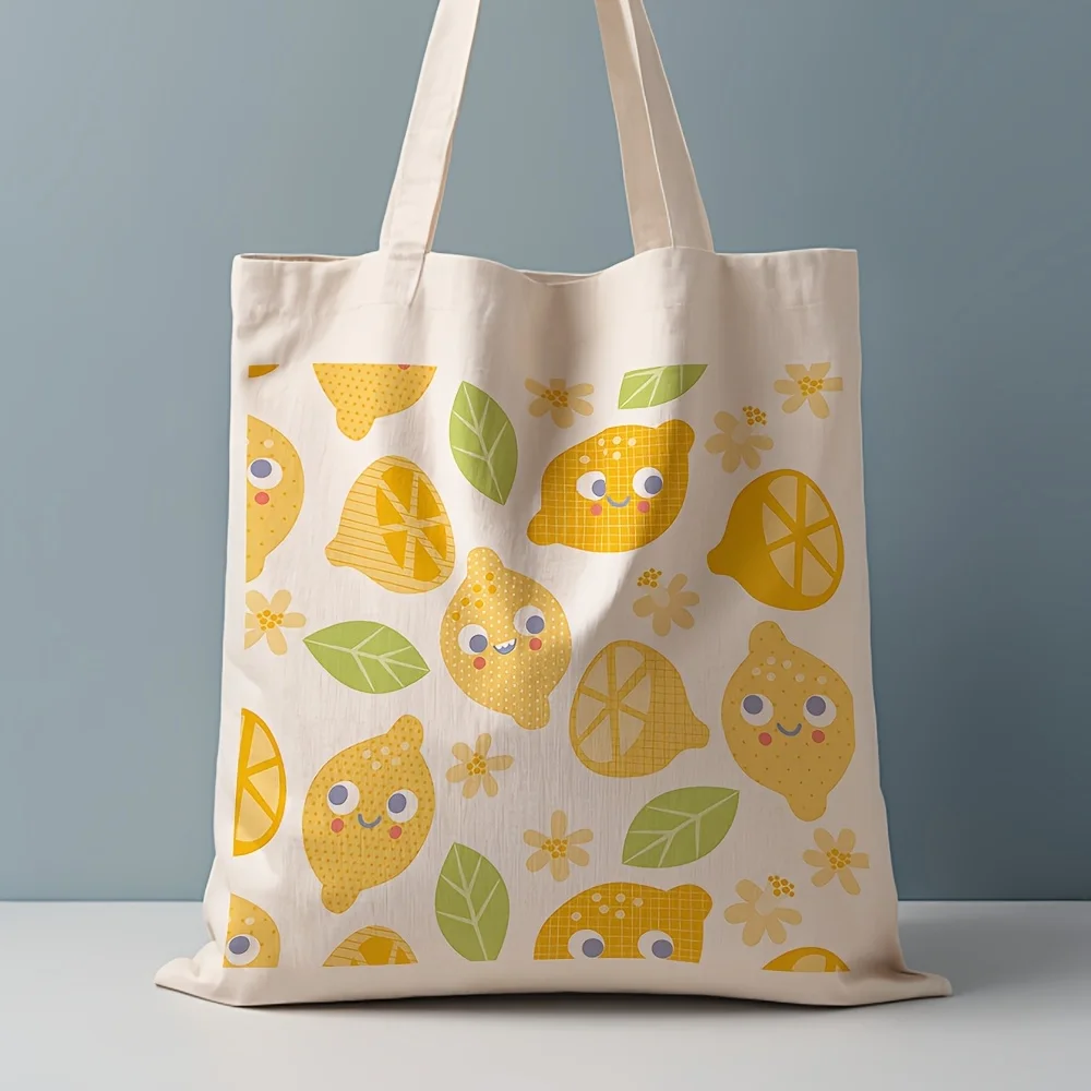 A Cute Lemon Print Canvas Tote Bag, Suitable For Daily Use, Shopping, School, And Travel